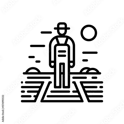Black line vector icon of a farmer figure wearing overalls and hat standing in field rows under sun, concept for agricultural business presentations, rural life illustrations and harvest season