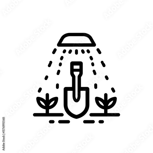 Simple outline vector symbol depicting garden shovel between young plant seedlings receiving water, this graphic symbolizes concepts for home gardening design, large scale agricultural projects