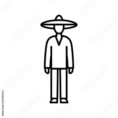 Minimalist black outline icon depicting a person wearing a conical straw hat and robe standing, Concept for travel destination graphics, cultural identity illustration assets, and traditional