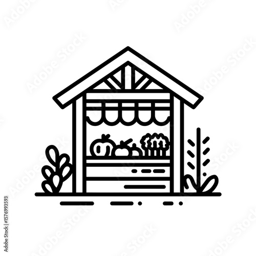 Simple outline icon depicting a traditional market stand booth displaying fresh fruits and vegetables, concept for farmer market promotion materials, sustainable food design elements