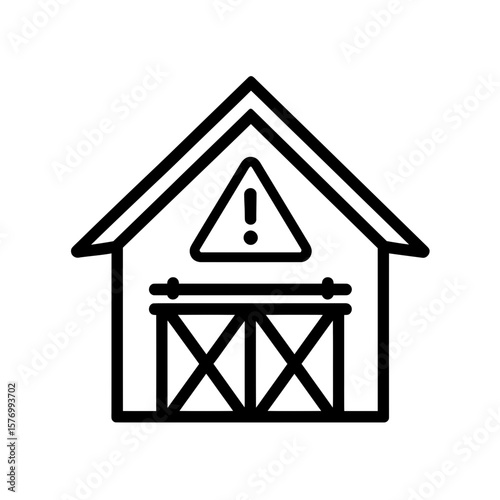 Outline illustration showing a simplified agricultural barn building with a triangular caution symbol centered prominently on the front facade, concept for digital interface design elements