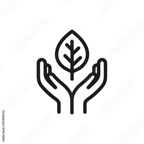 Minimalist black outline art showing cupped human hands gently holding upward a stylized plant leaf, concept for environmental protection, sustainable business initiatives and natural organic branding