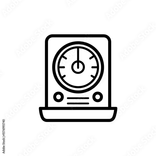 Clean simple graphic linear outline icon illustrating a vintage style kitchen scale or timer with a circular dial and controls below, concept for kitchen appliance catalogs, baking measurement