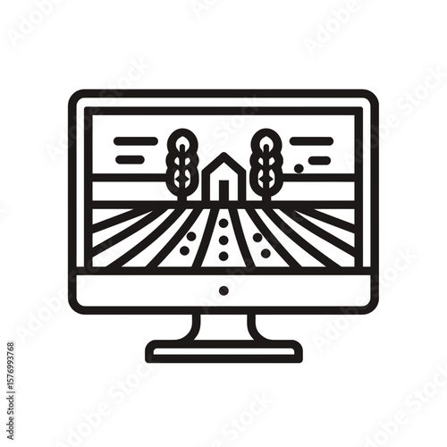 A clear black and white line icon showing a monitor displaying a rural farm landscape with fields and a house, concept for digital farm planning, agricultural technology applications, and remote