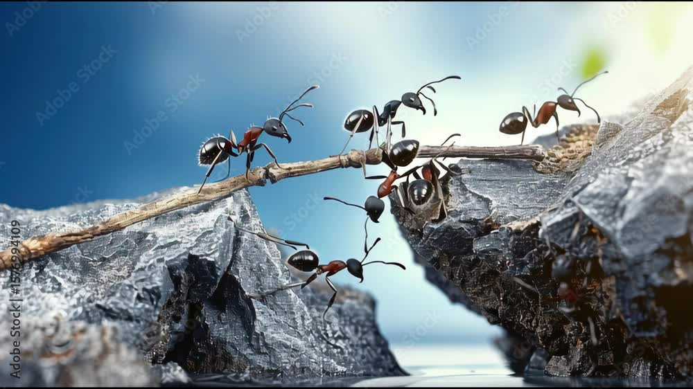 Close-up of worker ants meeting on a suspended twig above water, capturing their joint efforts, tactile precision, and ecological synchronization in a natural microhabitat