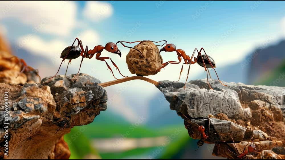 Macro shot of two ants collaborating to transport a small object across a delicate twig bridge, highlighting natural teamwork and biomechanical finesse in an outdoor microcosm