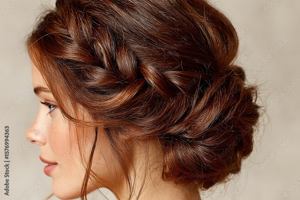 Naklejka premium Braided Chignon, Where A Thick French Braid Wraps Into A Low Bun Made With Deep Brown Glossy Hair. The Braid Adds Texture And Elegance, While The 