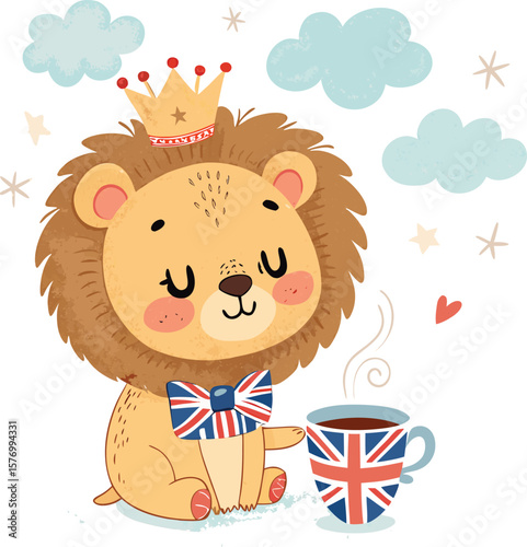 Cute Lion Cub Holding a Cup of Tea with Union Jack Print Wearing a Mini Crown and Bowtie, Surrounded by Pastel Clouds and Sparkles in Flat Kawaii Style on White Background.