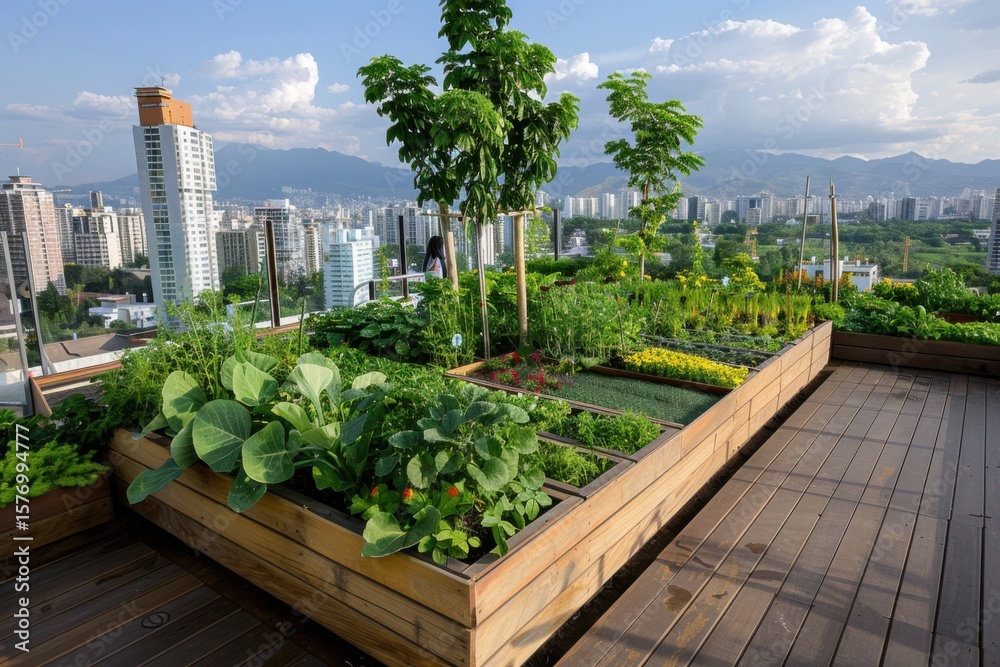 Fototapeta premium Urban rooftop garden growing fresh vegetables with city view