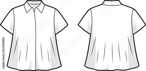 Short sleeve collar shirt, front and back flat sketch, pleated fashion blouse, technical vector illustration, cad drawing design template