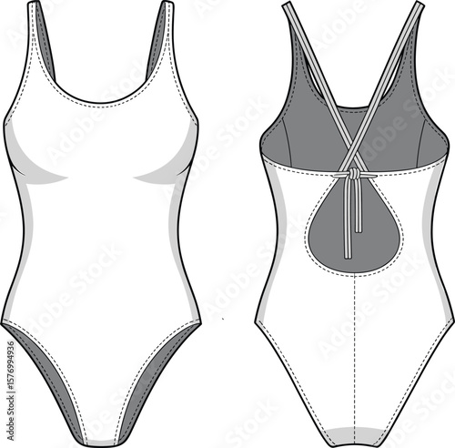 One piece swimsuit vector flat sketch, technical fashion drawing, back teardrop cutout, tie design, swimwear cad illustration template