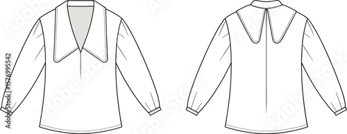 Stylish blouse CAD fashion sketch, exaggerated collar top design, front and back flat vector template, technical shirt drawing, apparel illustration