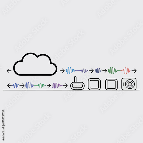 Abstract Line Art Illustration Data Synchronization Cloud Server Multiple Devices Wireless Data Transfer Colorful Signals Black Outline Icons