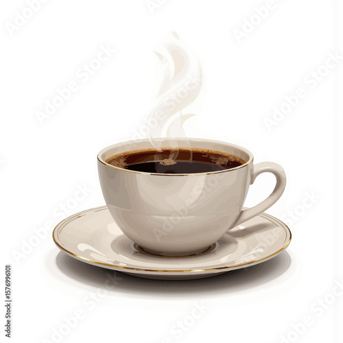 Coffee cup with steam on saucer isolated on white background  