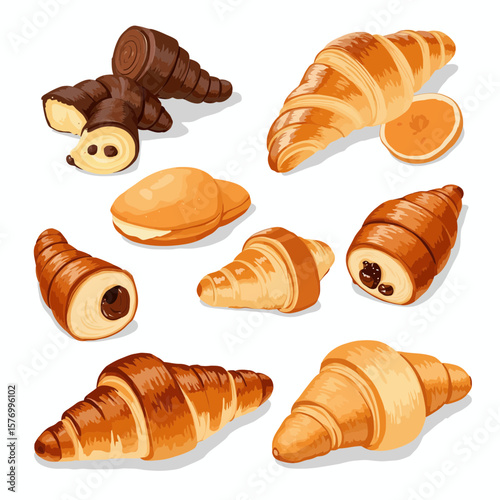 Assorted croissants and pastries in various shapes and colors  