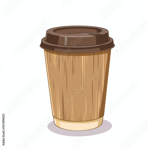 Illustrated disposable coffee cup with brown lid on white background  