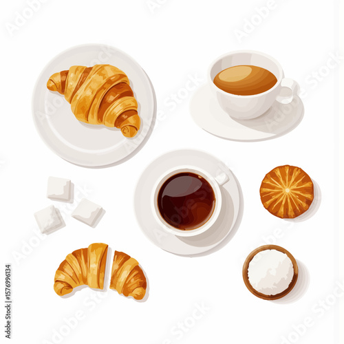 Delicious breakfast spread with croissant, coffee, and pastries  