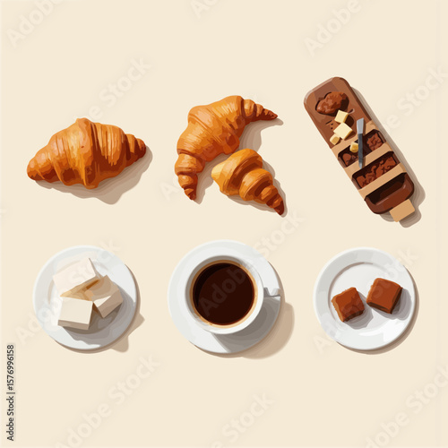 Delicious croissants and coffee with chocolate treats on table  