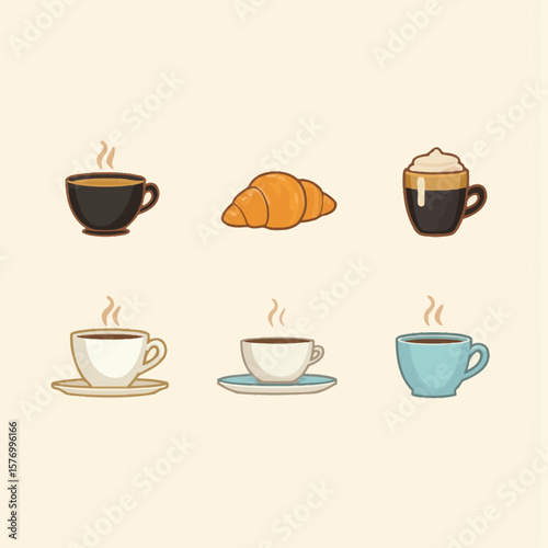 Coffee cups and croissant in minimalistic style on beige background  