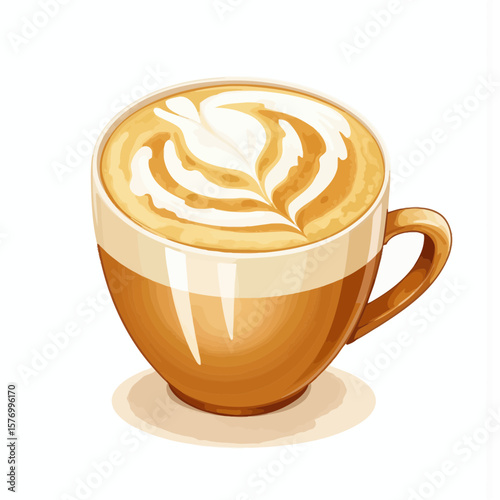 Coffee cup with latte art design on white background  