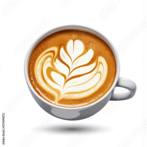 Coffee cup with latte art design on white background  