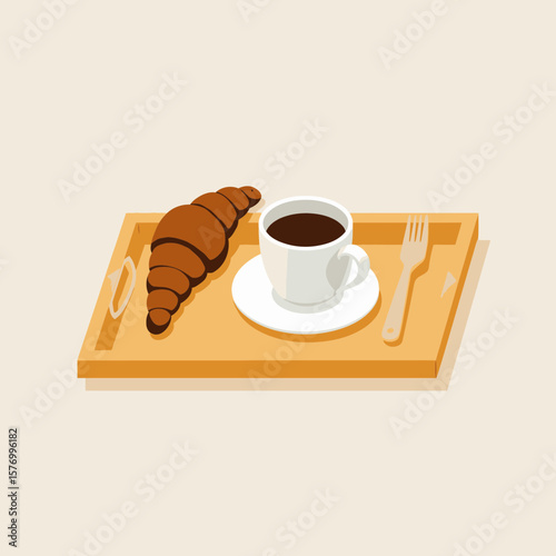 Coffee cup and croissant on wooden tray with fork  
