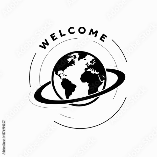 Welcome graphic with globe and orbital rings in minimal style  