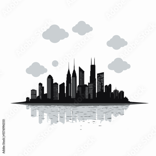 Urban skyline silhouette with clouds and reflection on water  