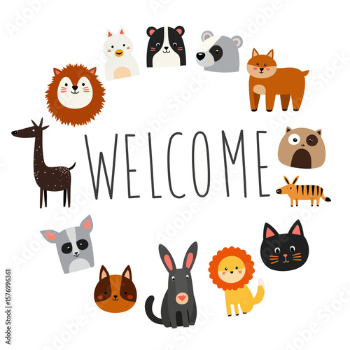 Cute cartoon animals welcoming with the word "WELCOME" in center  