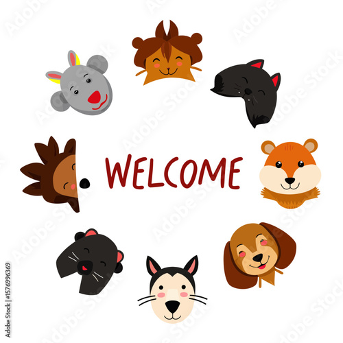 Cartoon animal heads with welcome text in a playful design  