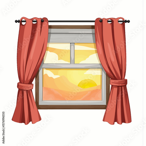 Window with red curtains and sunset view in warm colors  