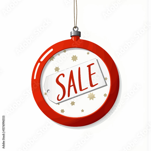 Red Christmas ornament with sale tag and golden stars design  