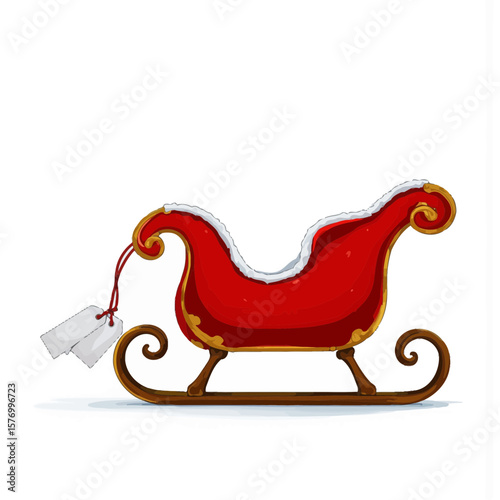 Red Christmas sleigh with decorative details and blank tags  