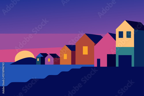 Coastal Sunset A Vibrant Geometric Illustration of Seaside Houses