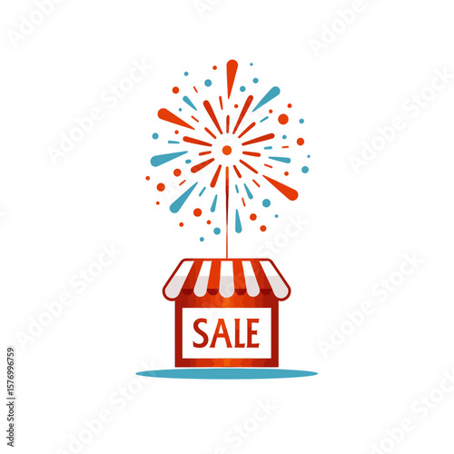 Sale shop with fireworks in colorful style for promotions  