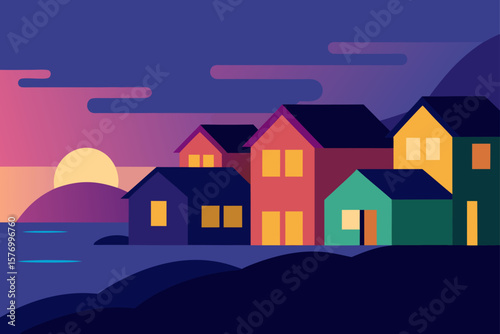 Sunset Coastal Village Vibrant Houses and Serene Waterscape Illustration