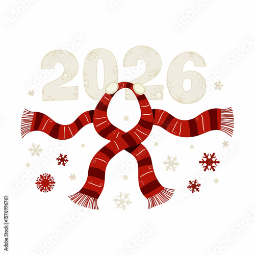 Red striped scarf with snowflakes and numbers 2026 for winter  