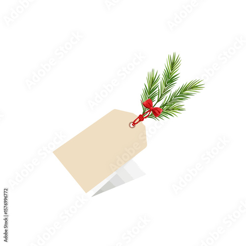 Blank gift tag with pine branch and red bow for holidays  
