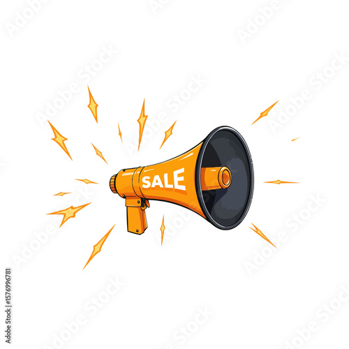 Orange megaphone with sale announcement and sound effects  