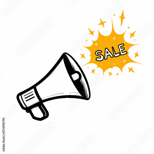 Promotional megaphone with sale announcement in bright colors  