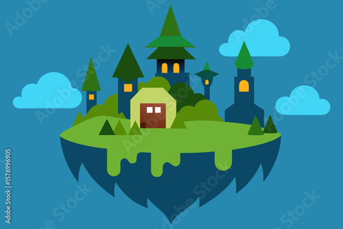 Enchanted Floating Island A whimsical illustration of a magical kingdom in the clouds