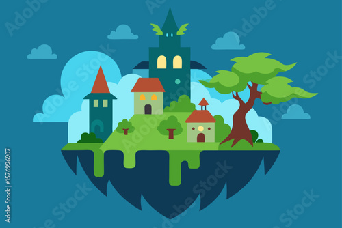 Enchanted Floating Island A Fairytale Village Illustration