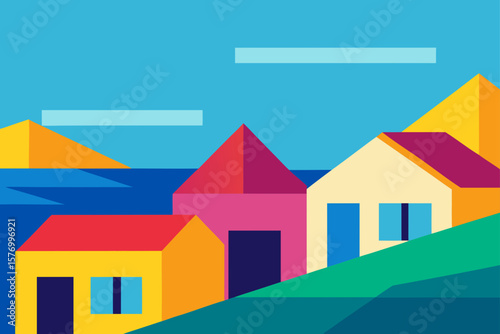 Vibrant Coastal Village Geometric Houses and Sunny Seascape Illustration