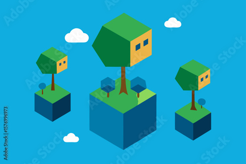 Floating Cube Houses in a Dreamlike Isometric Landscape