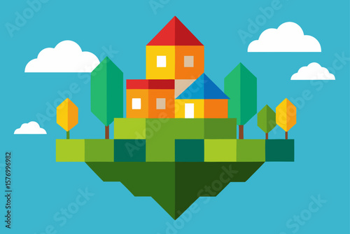 Floating Village A Charming Illustration of Colorful Houses and Lush Greenery