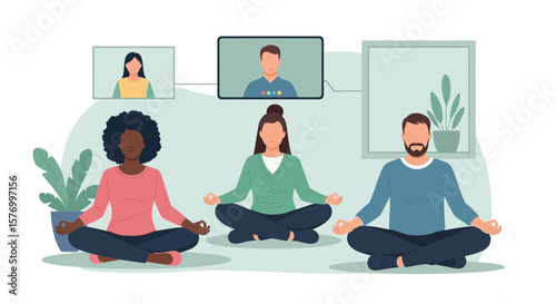People meditate together during an online meeting from their homes, finding harmony and balance in a digital world.