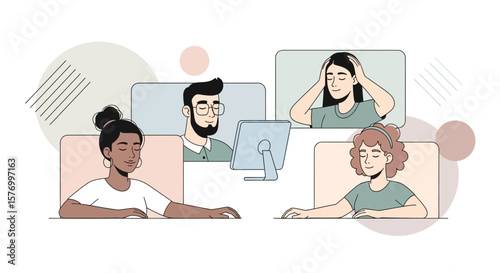 People practicing mindfulness meditation at desks, a calm design for wellness apps and promoting balanced work-life for modern users.