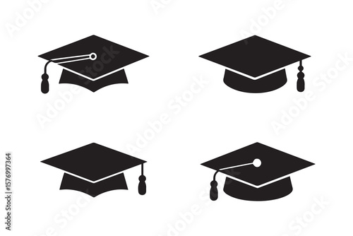Simple Graduation Cap Icons: Minimalist Black and White Vector Set for Education Designs