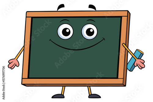 Cartoon Chalkboard Character Holding Chalk – Smiling Black Board with Wooden Frame and Limbs