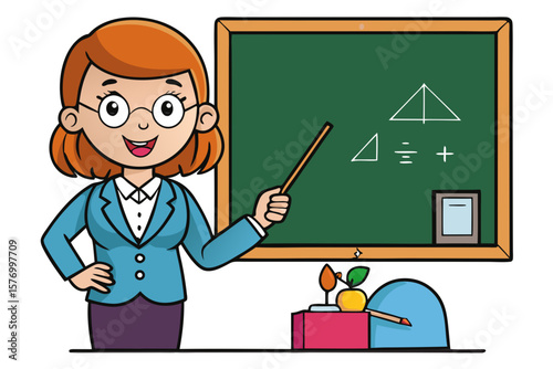 Cartoon Teacher Explaining Geometry at Chalkboard – Classroom Illustration with Books, Apple, and Stationery